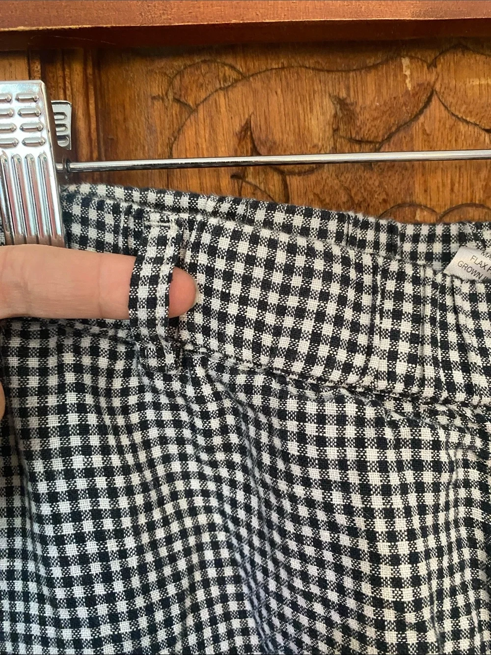 QUINCE 100% linen gingham trouser pant XL black white elastic waist pockets